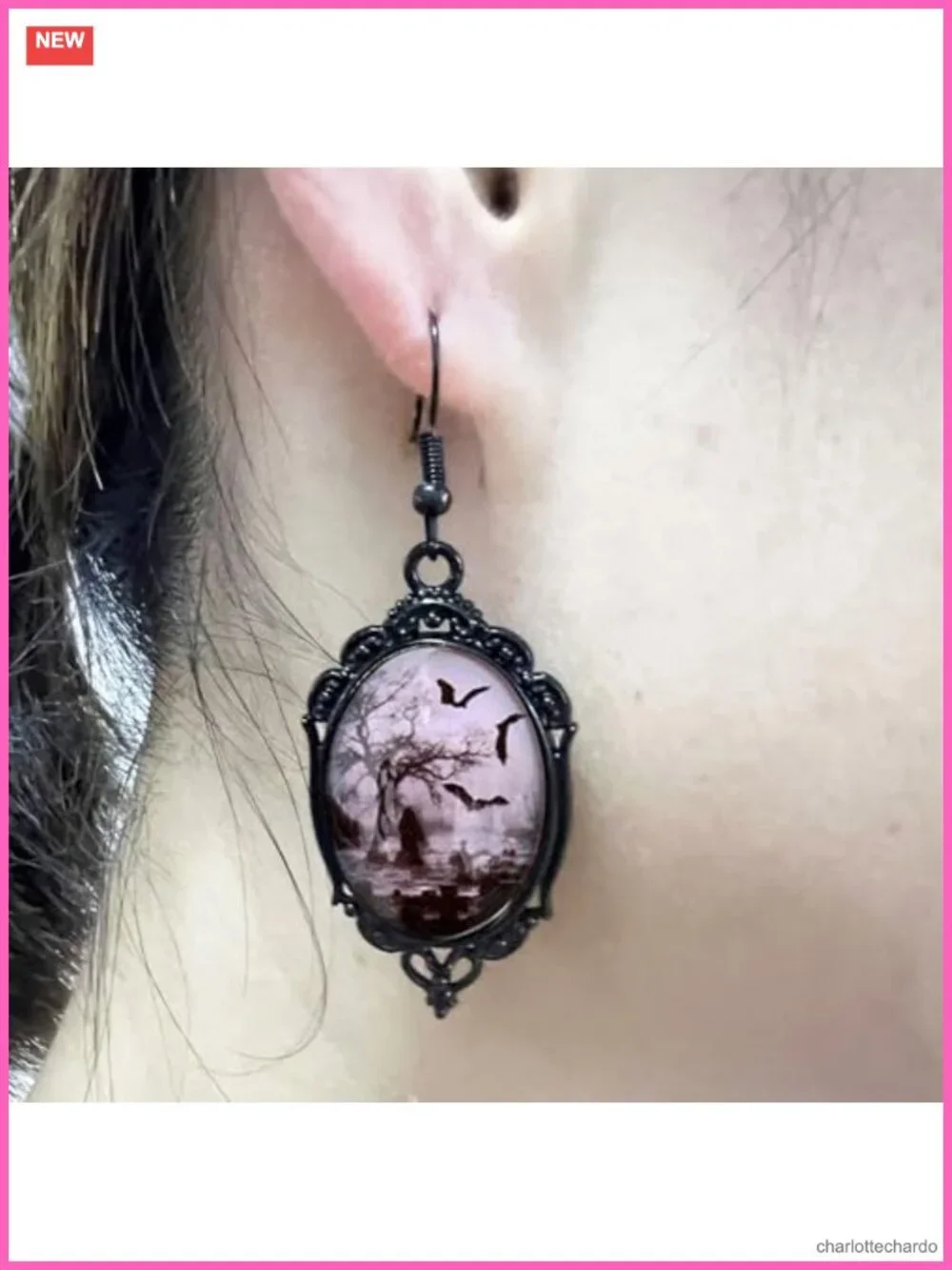 Gothic Crystal Cameo Dangle Earrings Victorian Bat Witch Halloween Jewelry